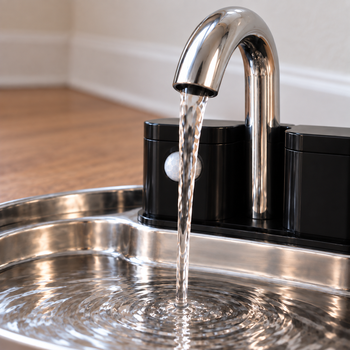 Water flowing from the PurrCurrent spout into its stainless-steel basin