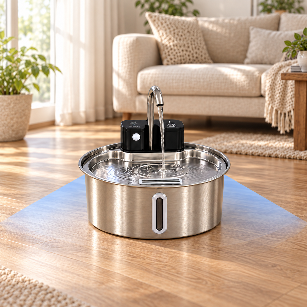 PurrCurrent fountain in a living room, with a blue illustration of its motion-sensing area
