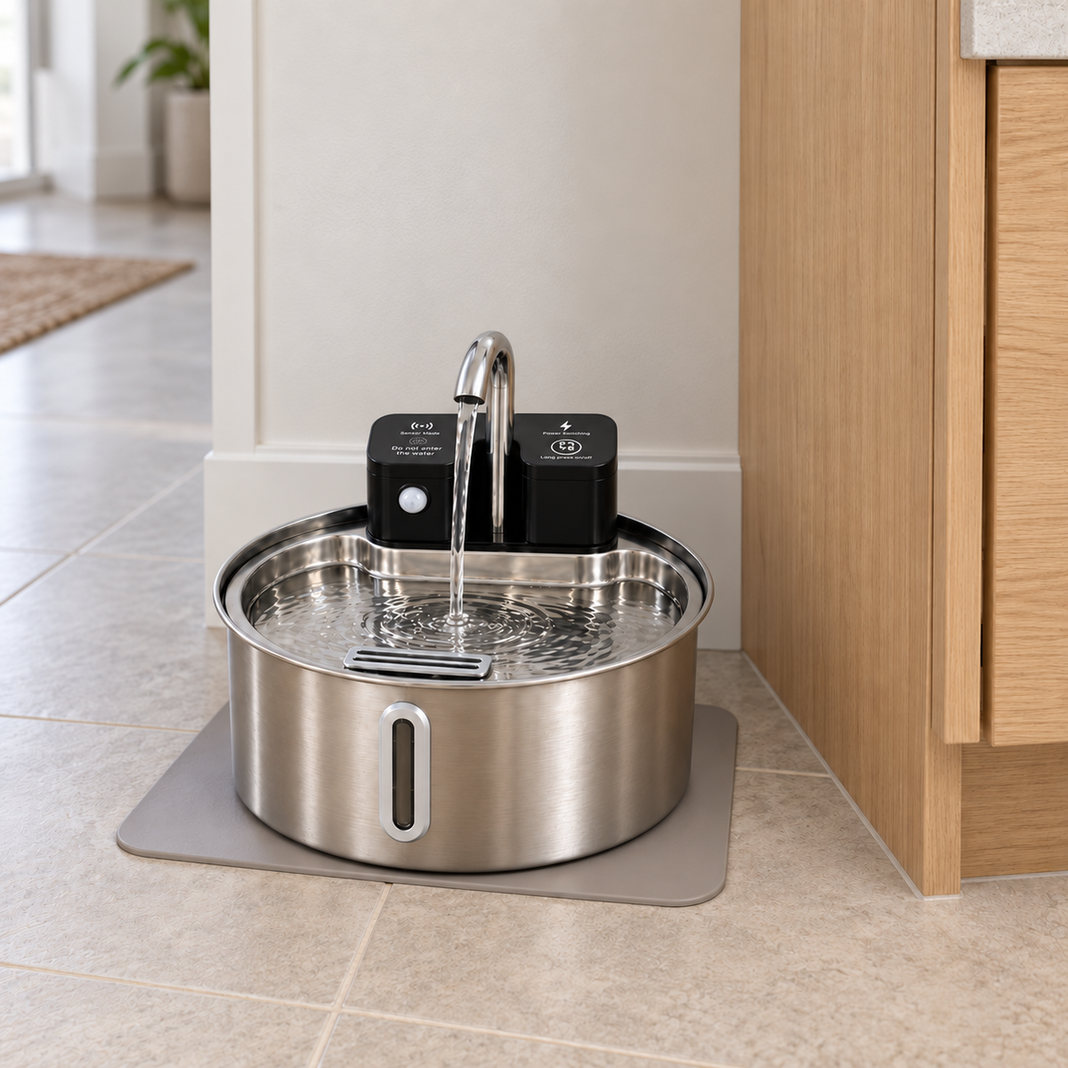 PurrCurrent fountain on a mat beside a kitchen cabinet, with no attached power cable.